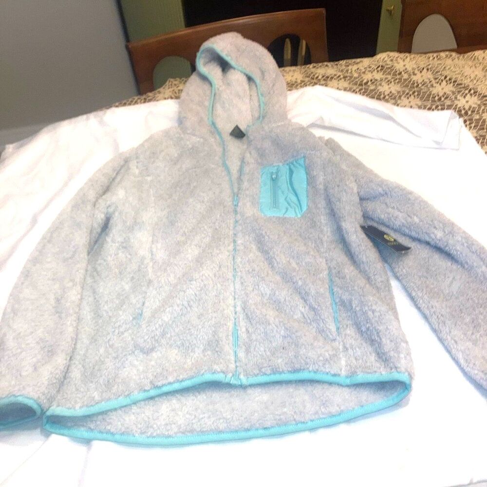 Xersion Girls XL 16 Plush Hooded Fleece Jacket – Light Gray with Aqua Trim